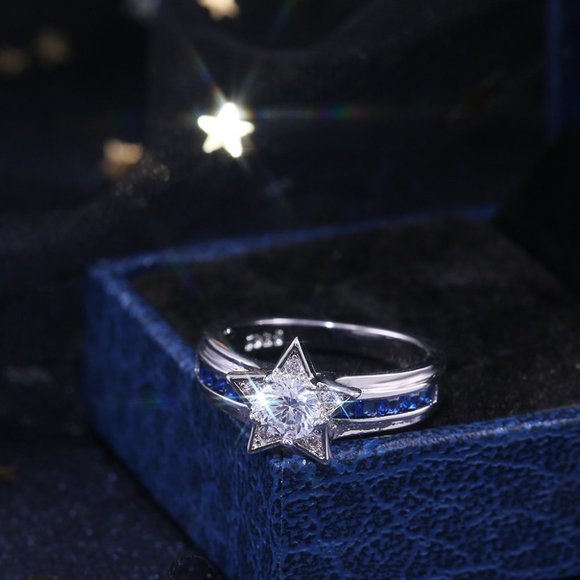 💕Elegant Blue Crystal Ring Lovely CZ Star Bague Ring, GPMB1500 - Picture 6 of 6